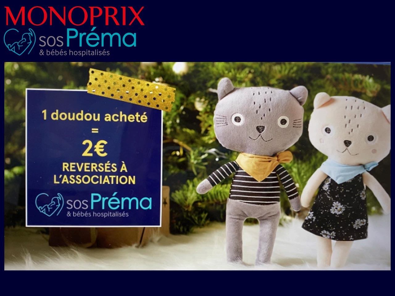 Le doudou Monoprix vendu au profit de SOS Préma, pour un cadeau de Noël solidaire